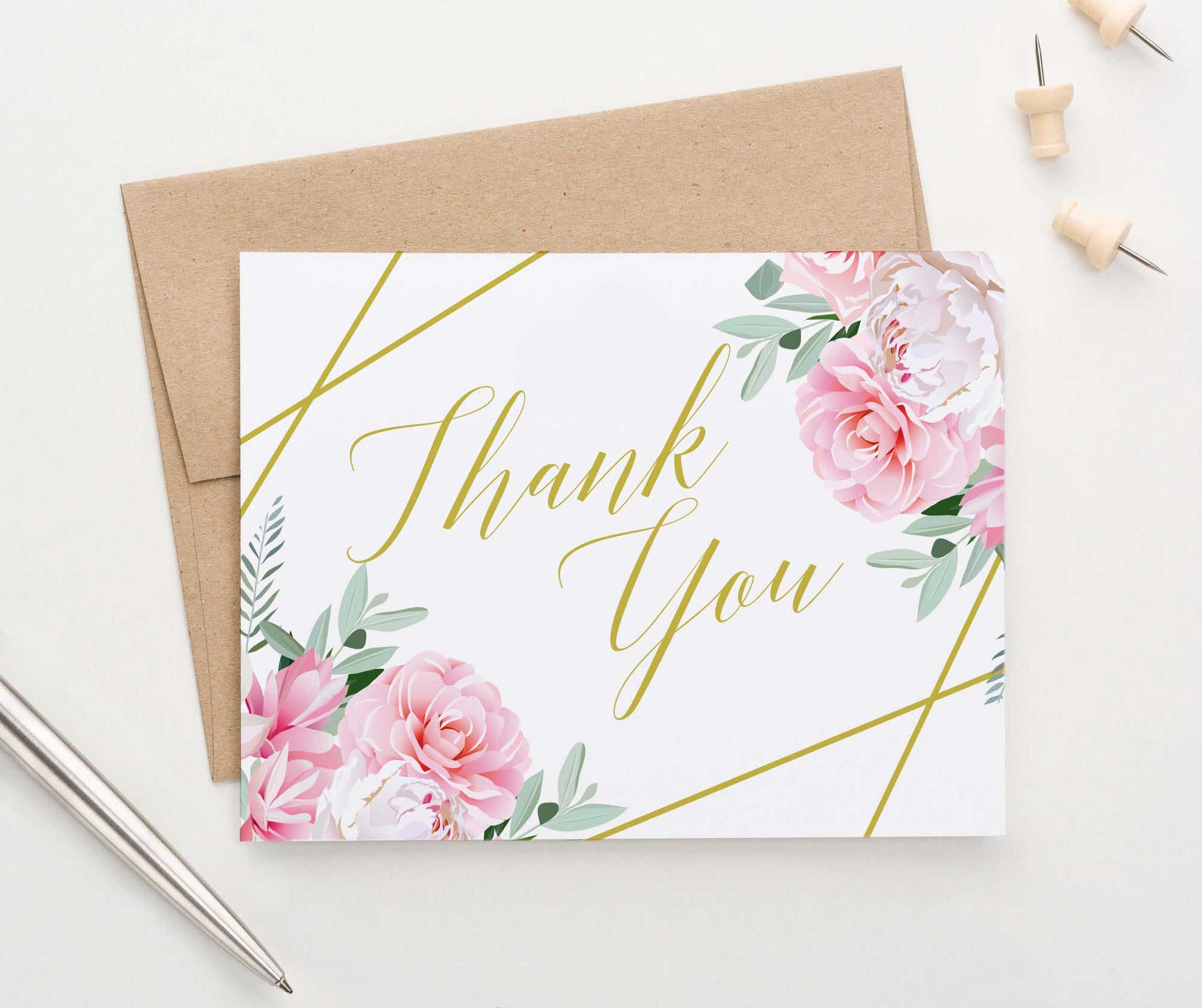 TY016 pink floral thank you notes for wedding gold geometric baby shower