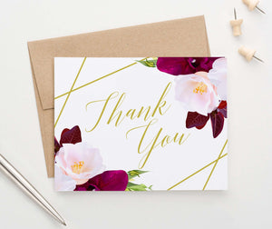 TY017 pink and burgundy floral folded thank you notes gold geometric lines