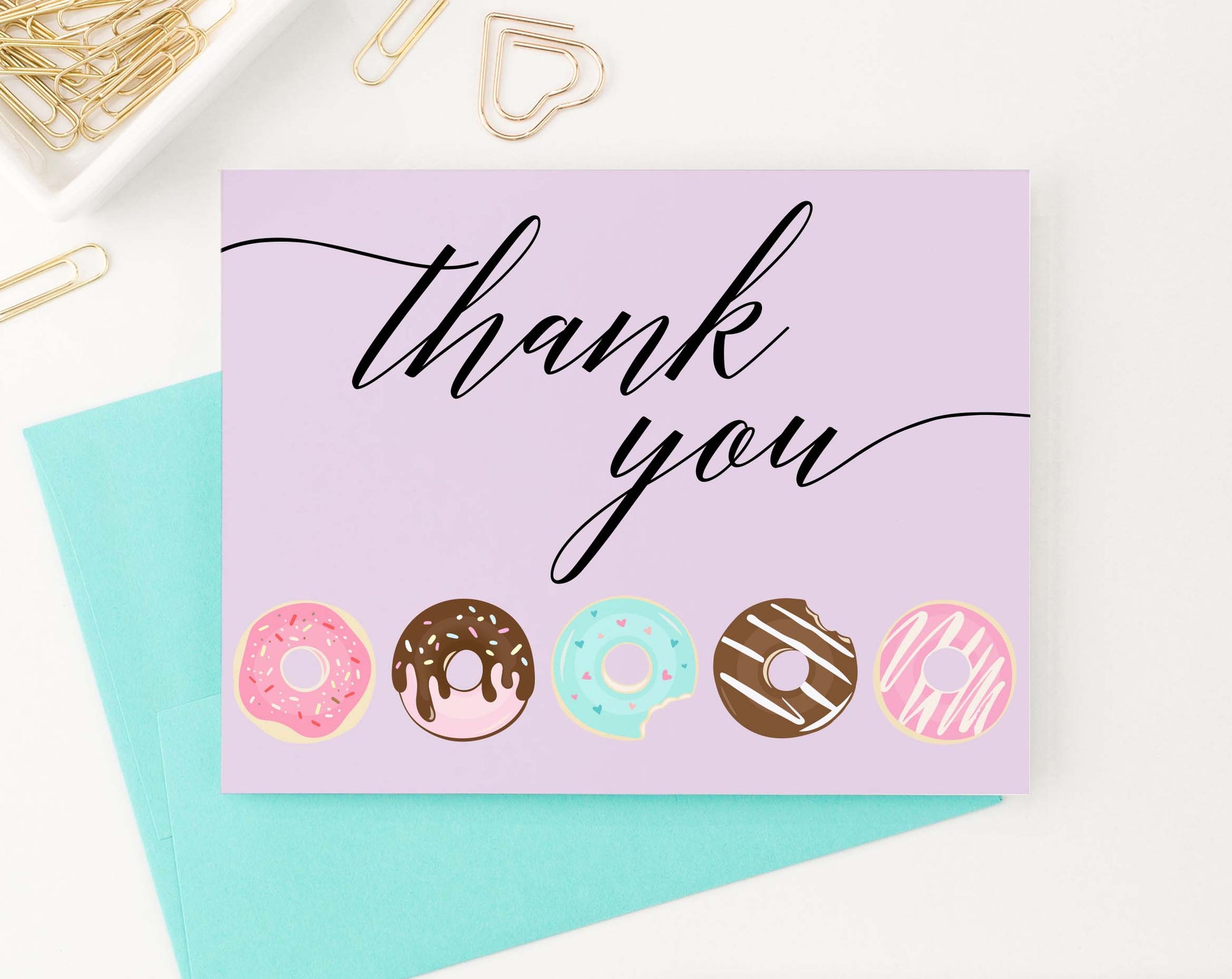 TY027 cute donuts thank you cards for kids script font donut purple