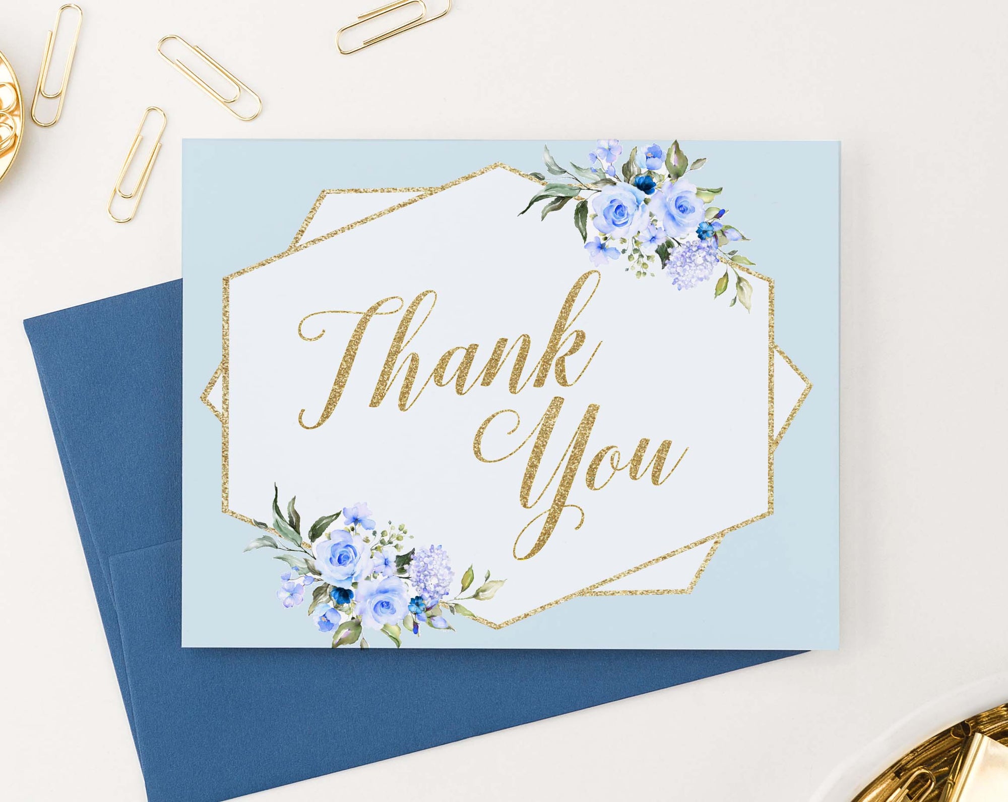 TY032 blue elegant floral thank you notes for baby shower gold script