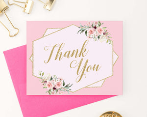 TY033 pink elegant floral folded thank you cards for baby shower gold script