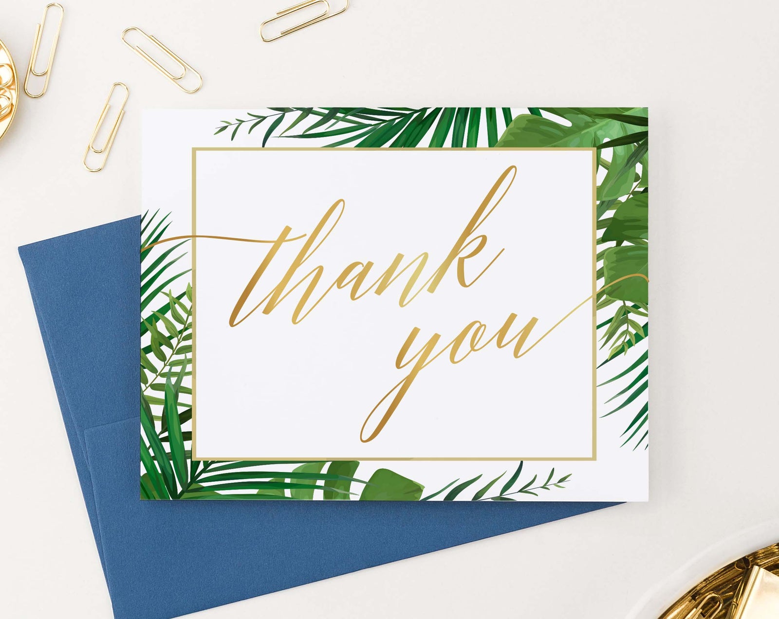 Palm Tree Greenery Border Thank You Cards Folded