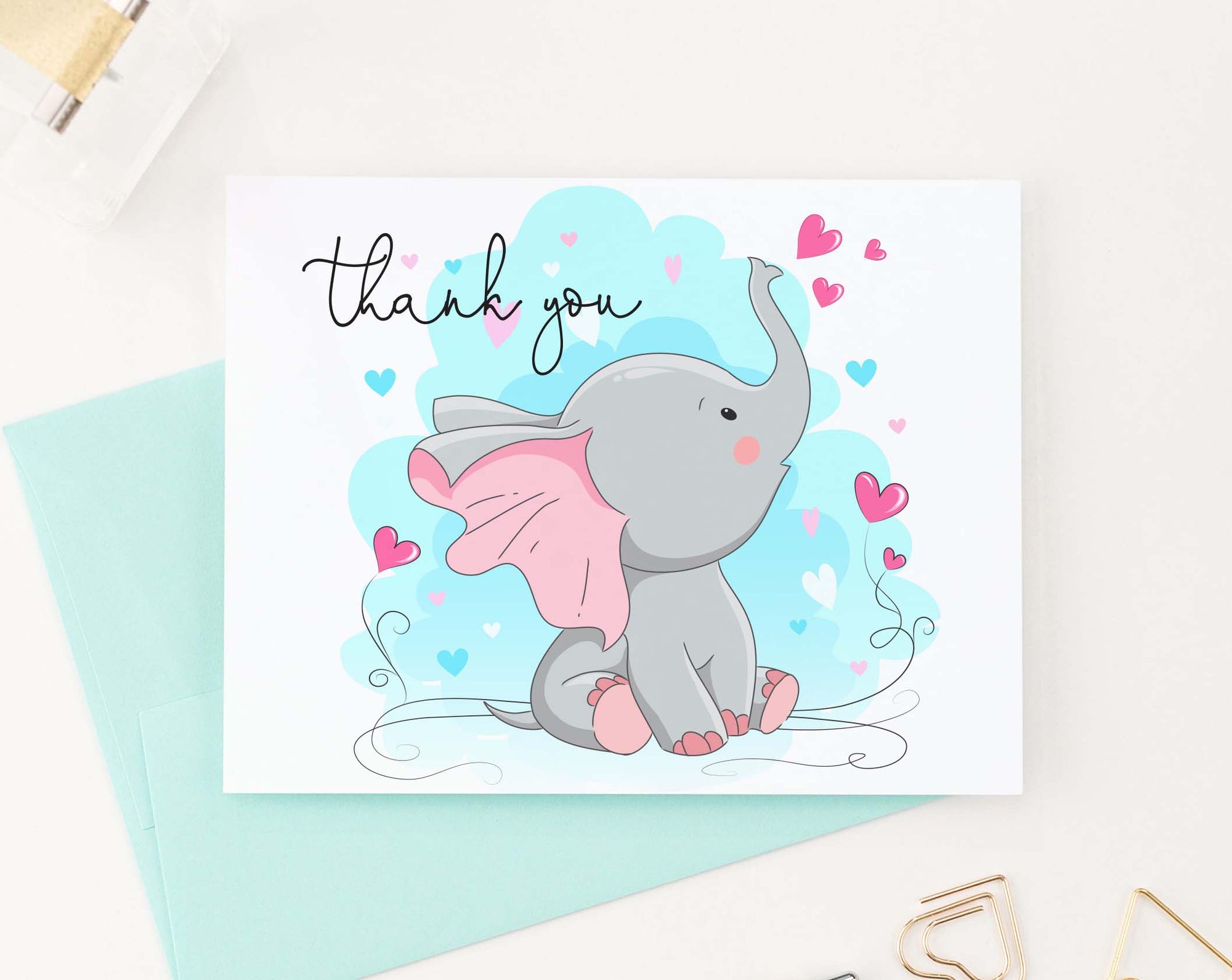 TY048 sweet elephant folded thank you cards for baby shower kids hearts cute
