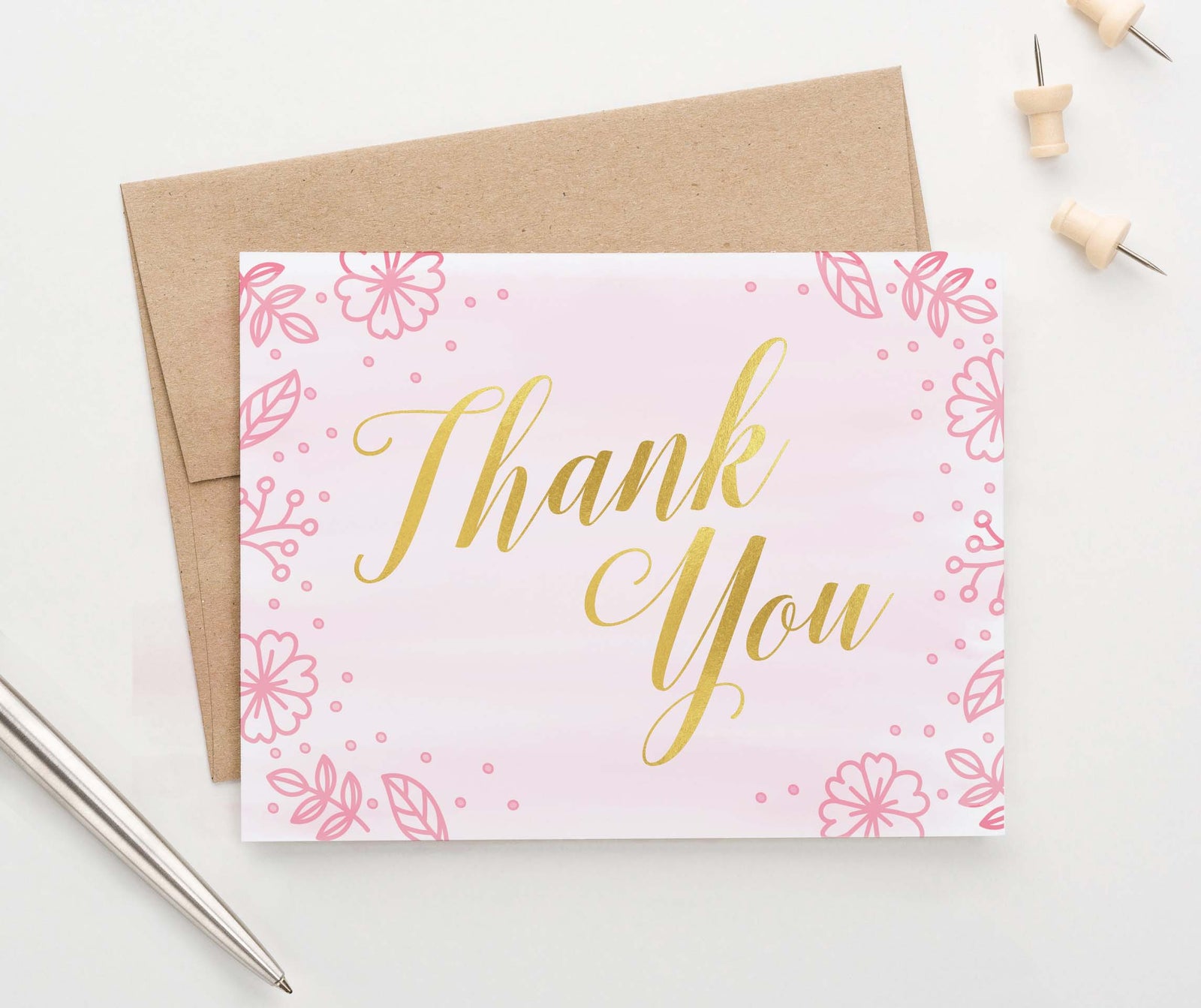 TY051 simple pink floral thank you cards flowers gold script