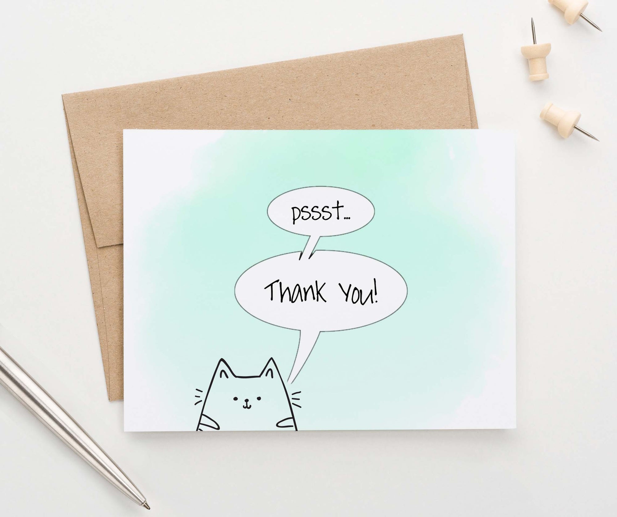 Mint Watercolor Cat Folded Thank You Cards