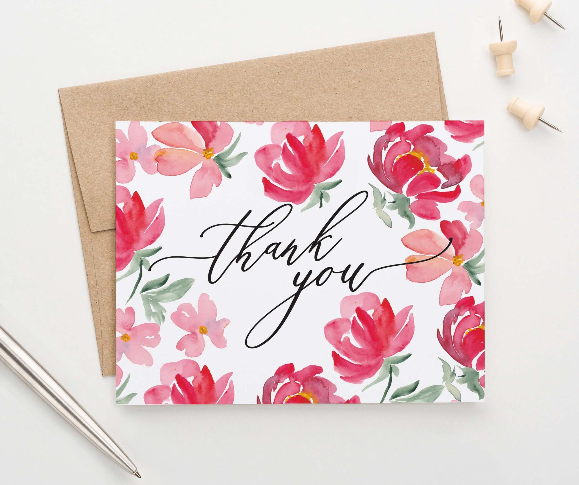 TY059 red floral folded thank you notes for women flowers script