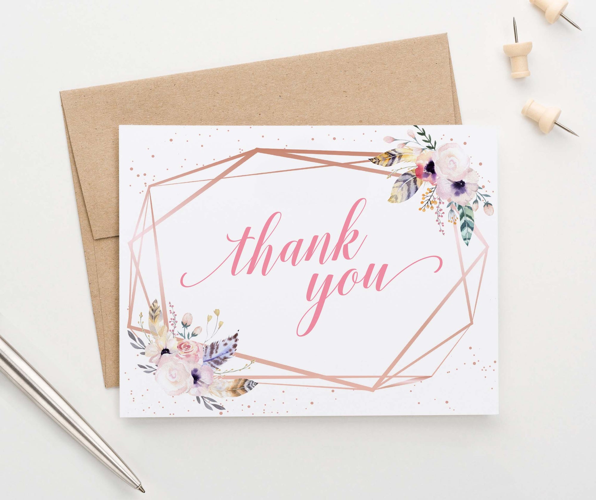 TY061 rose gold bohemian floral thank you cards geometric pink folded