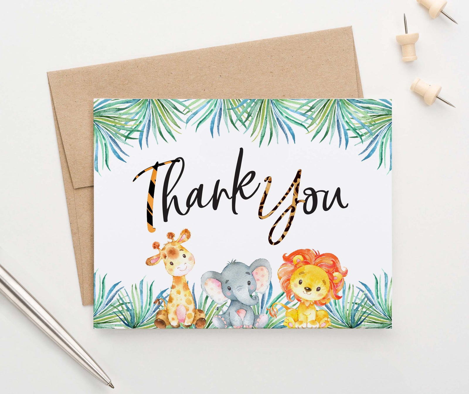 TY064 safari animals folded thank you notes for baby shower kids lion giraffe elephant zoo