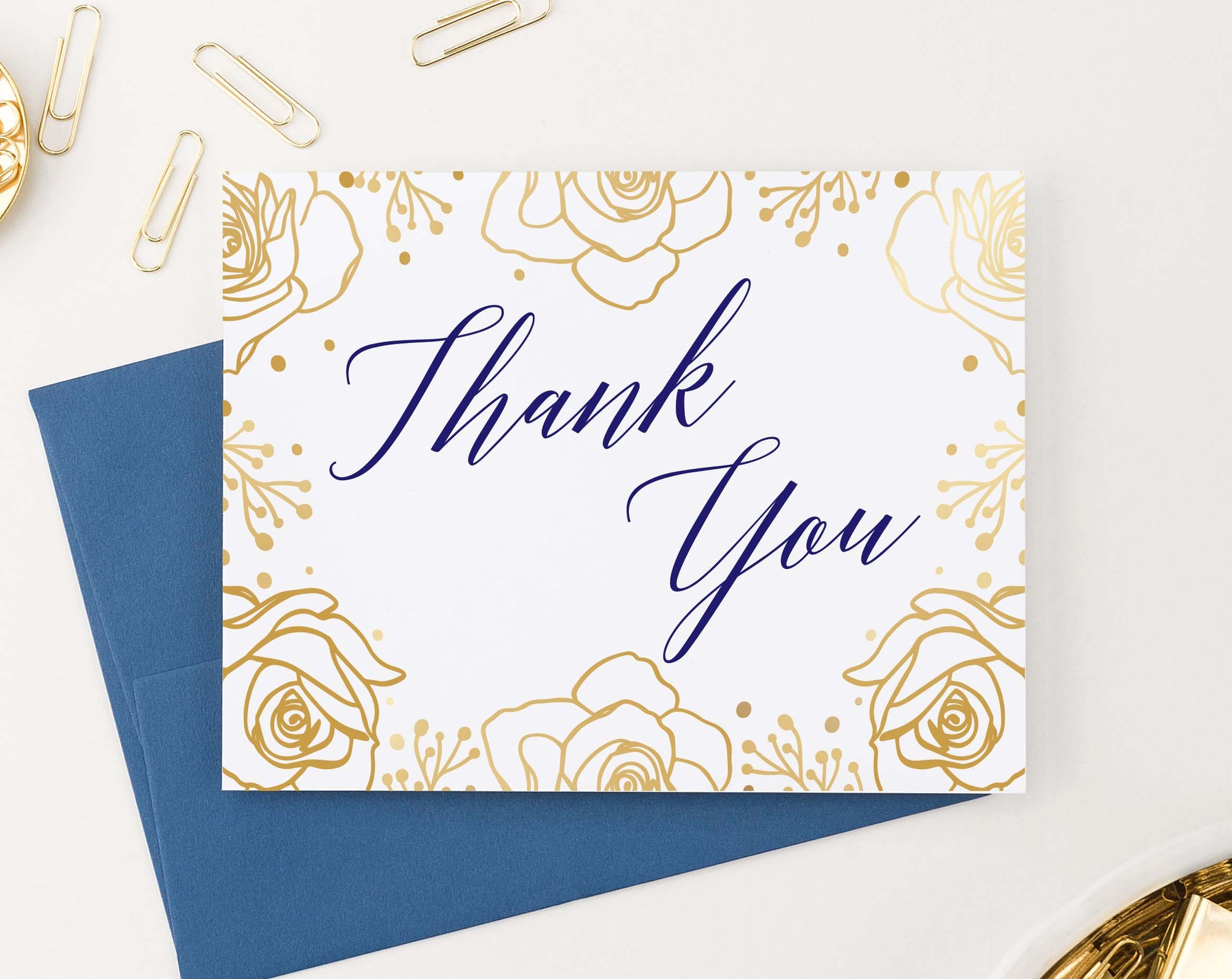 TY069 gold floral thank you cards for wedding navy script font elegant