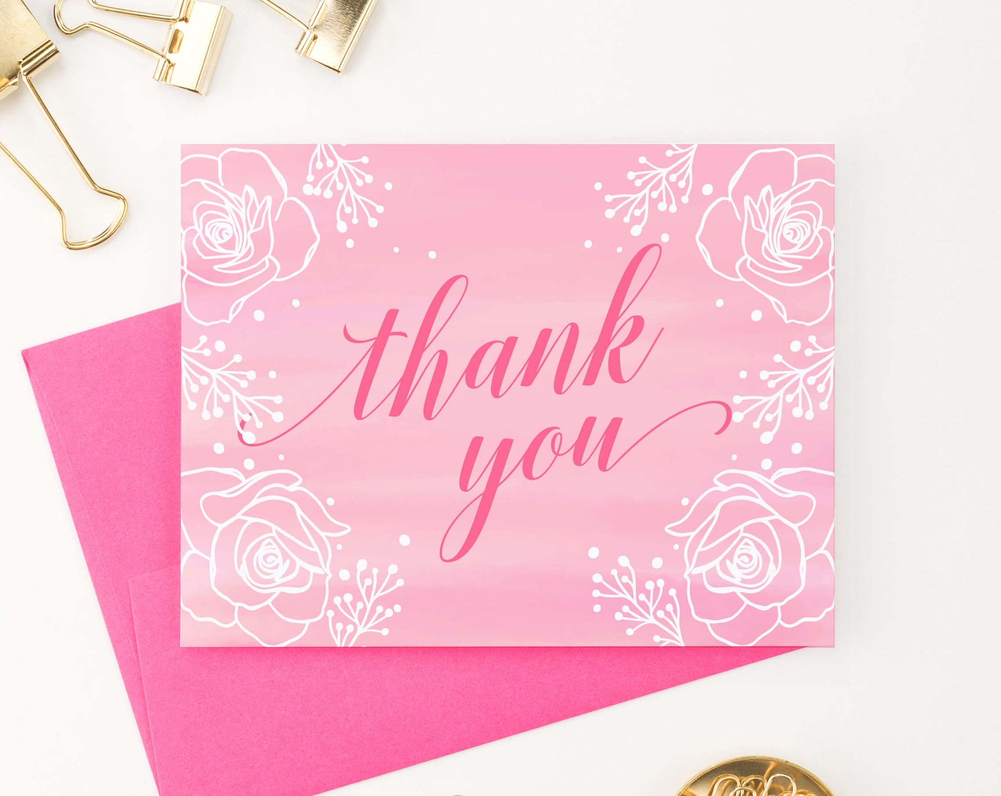 TY075 pink thank you cards with white florals cute elegant flowers thankyou