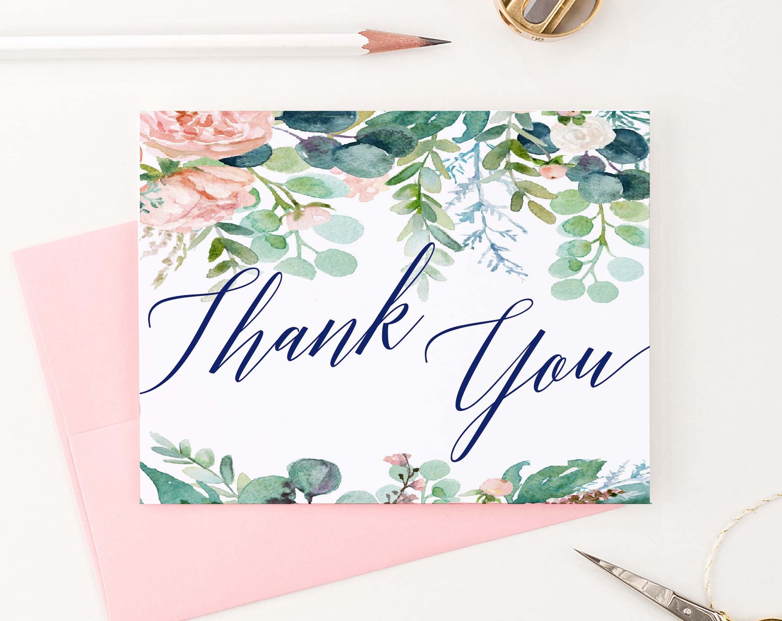 TY076 floral greenery watercolor thank you notes navy script font women