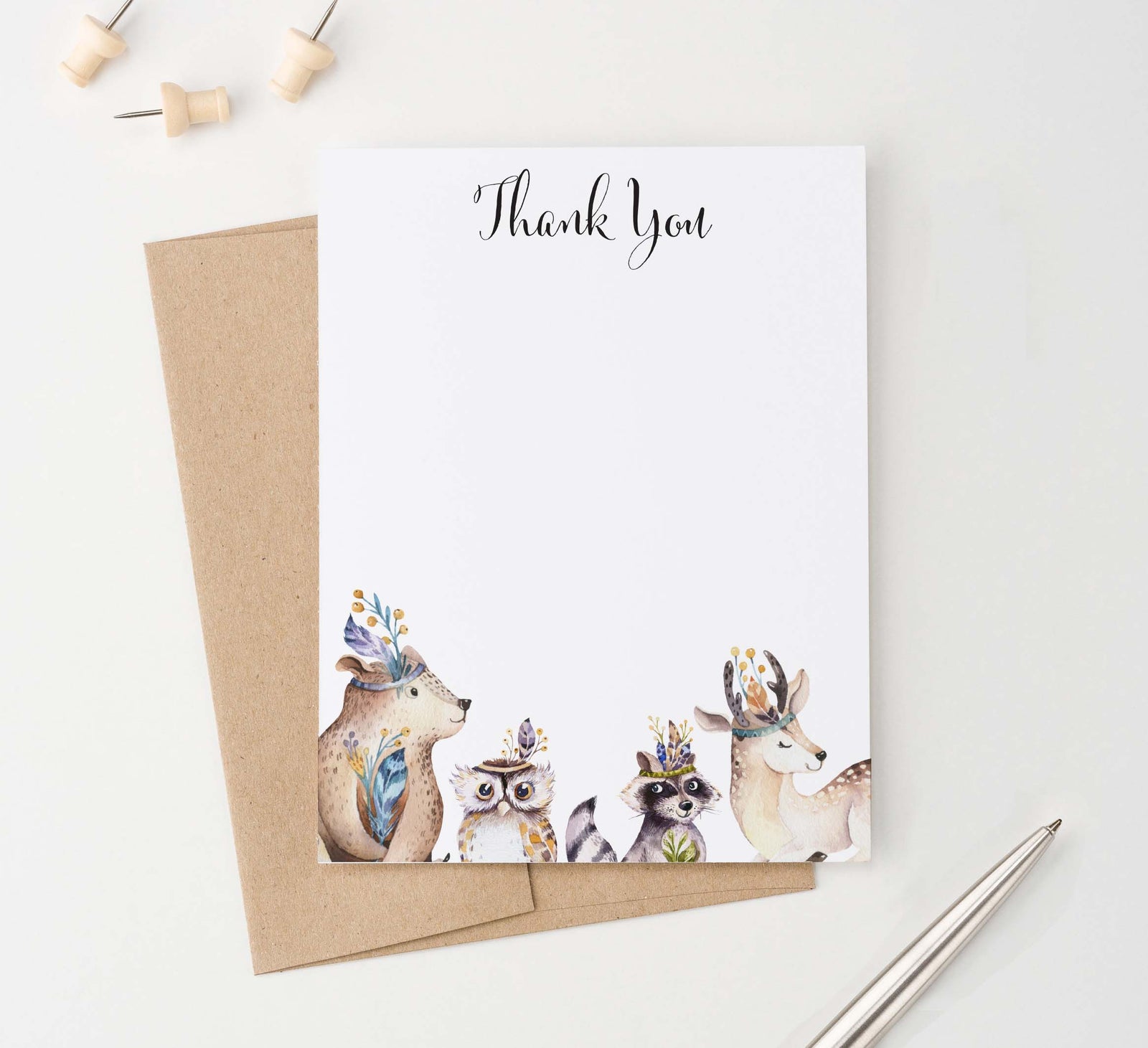 TY080 woodland animals flat thank you cards for kids forest animal baby shower