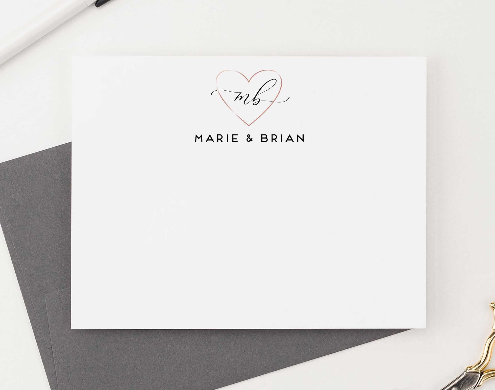 WS037 personalized rose gold heart couples stationery wedding engagement simple 2 initials monogram