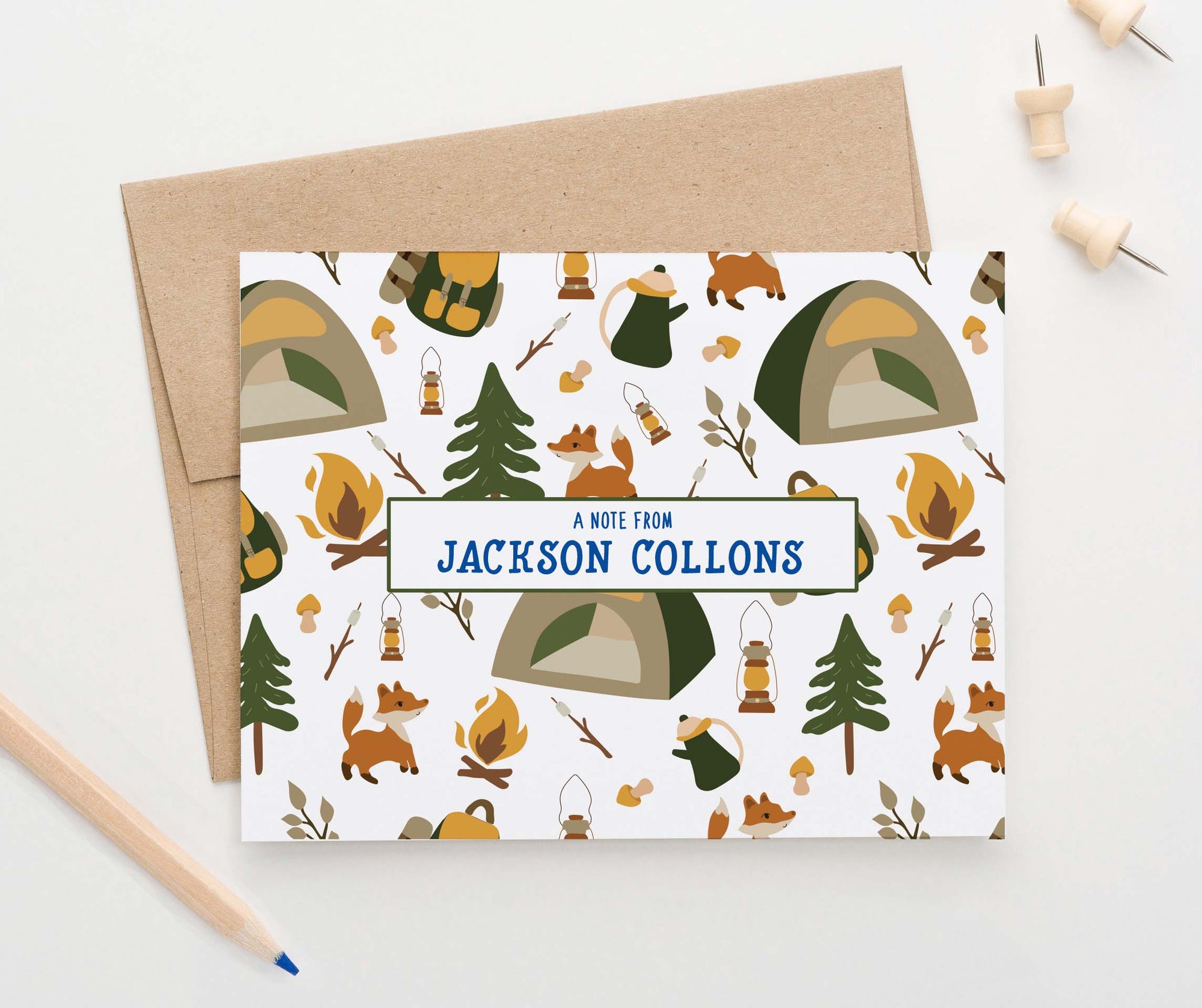ks181 Personalized camp folded note cards for boys tent fox tree