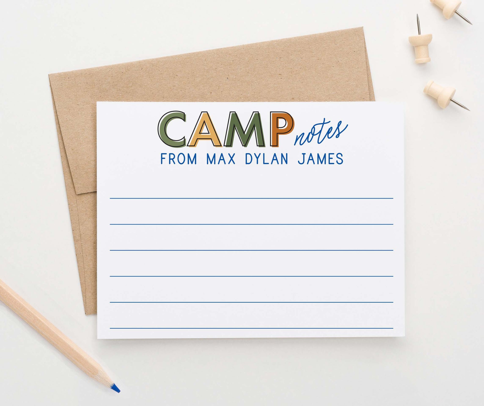 ks183 camp personalized lined stationery for boys cute green blue orange notes