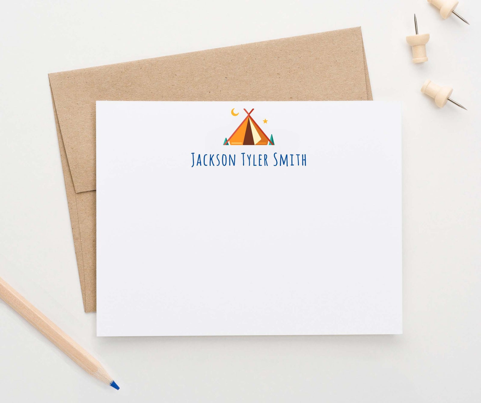 ks185 boys camp thank you cards personalized with tent cute block font