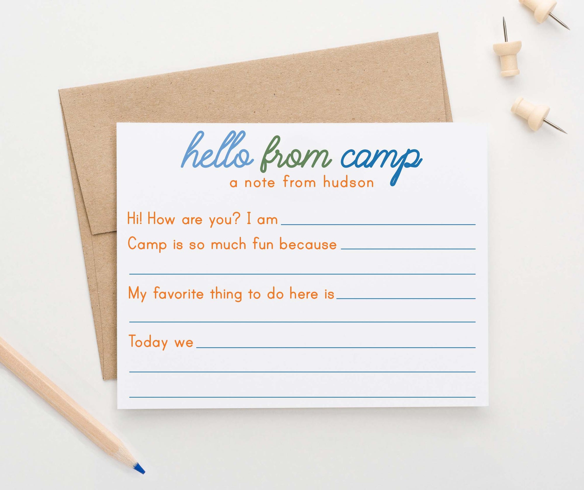 ks204 Personalized Fill in the Blank Camp Stationary for Boys hello from camp