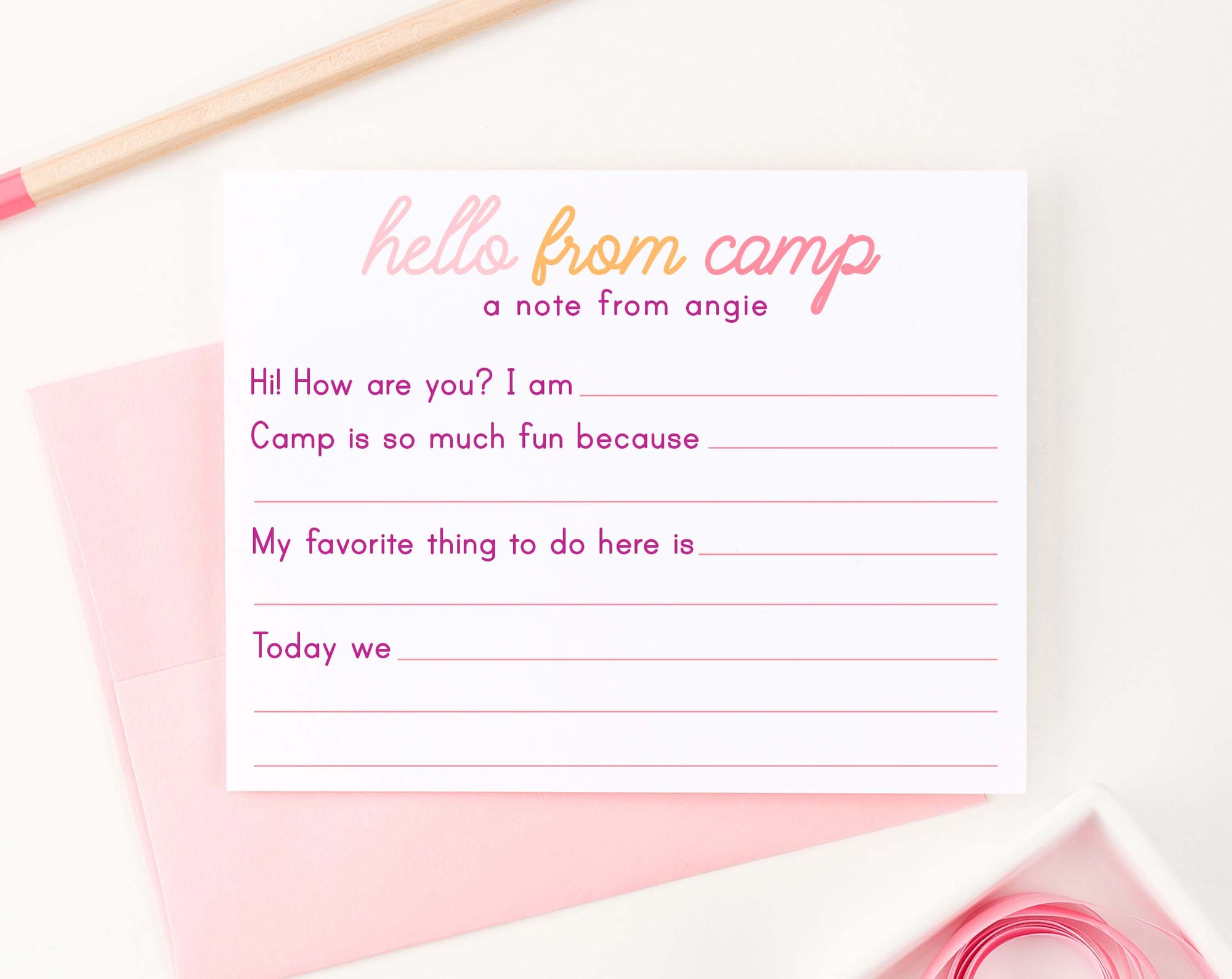 ks205 Cute Fill in the Blank Camp Stationary for Girls personalized hello from camp