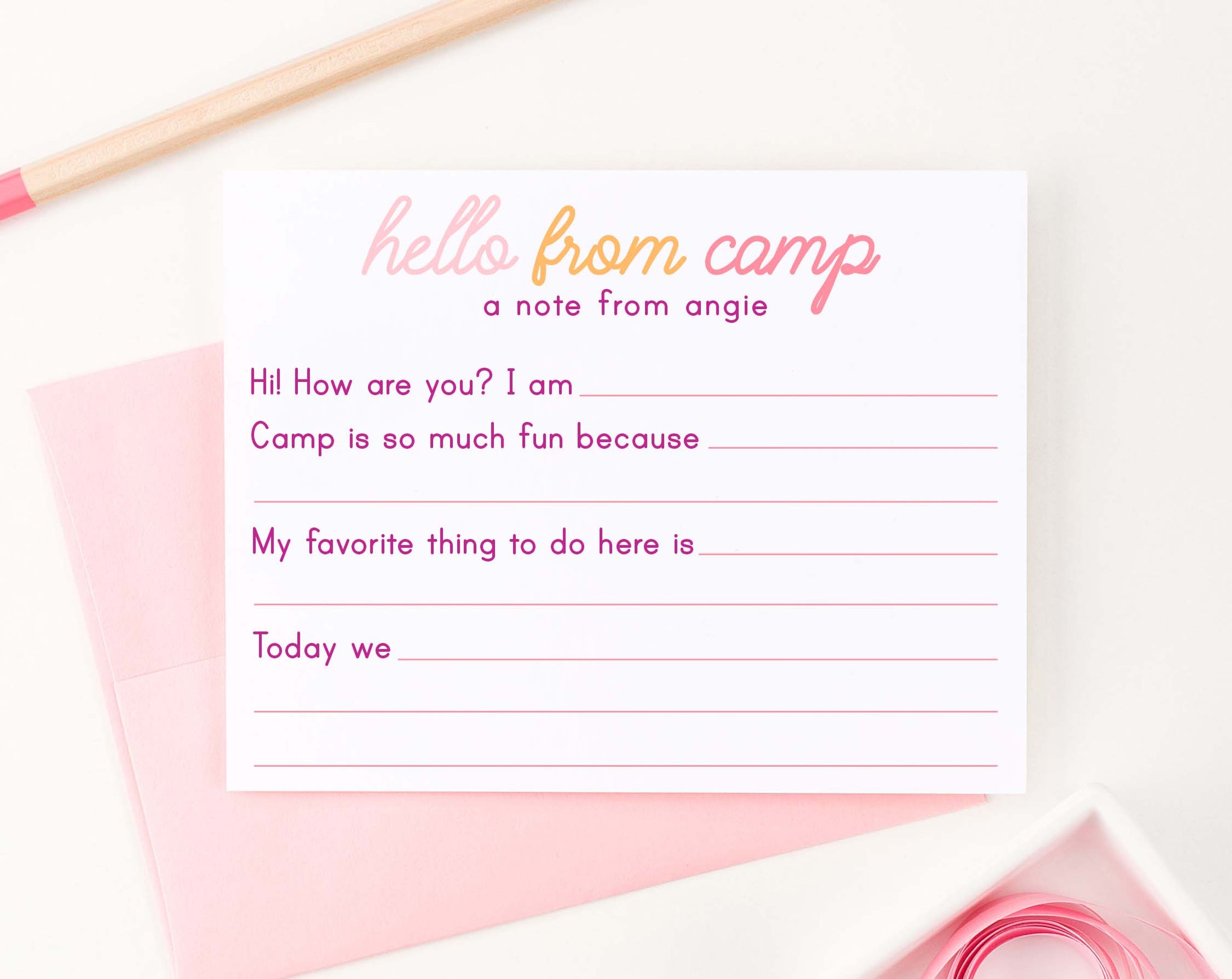 Cute Fill In Cute Fill in the Blank Camp Stationary for Girls - Modern Pink Paper