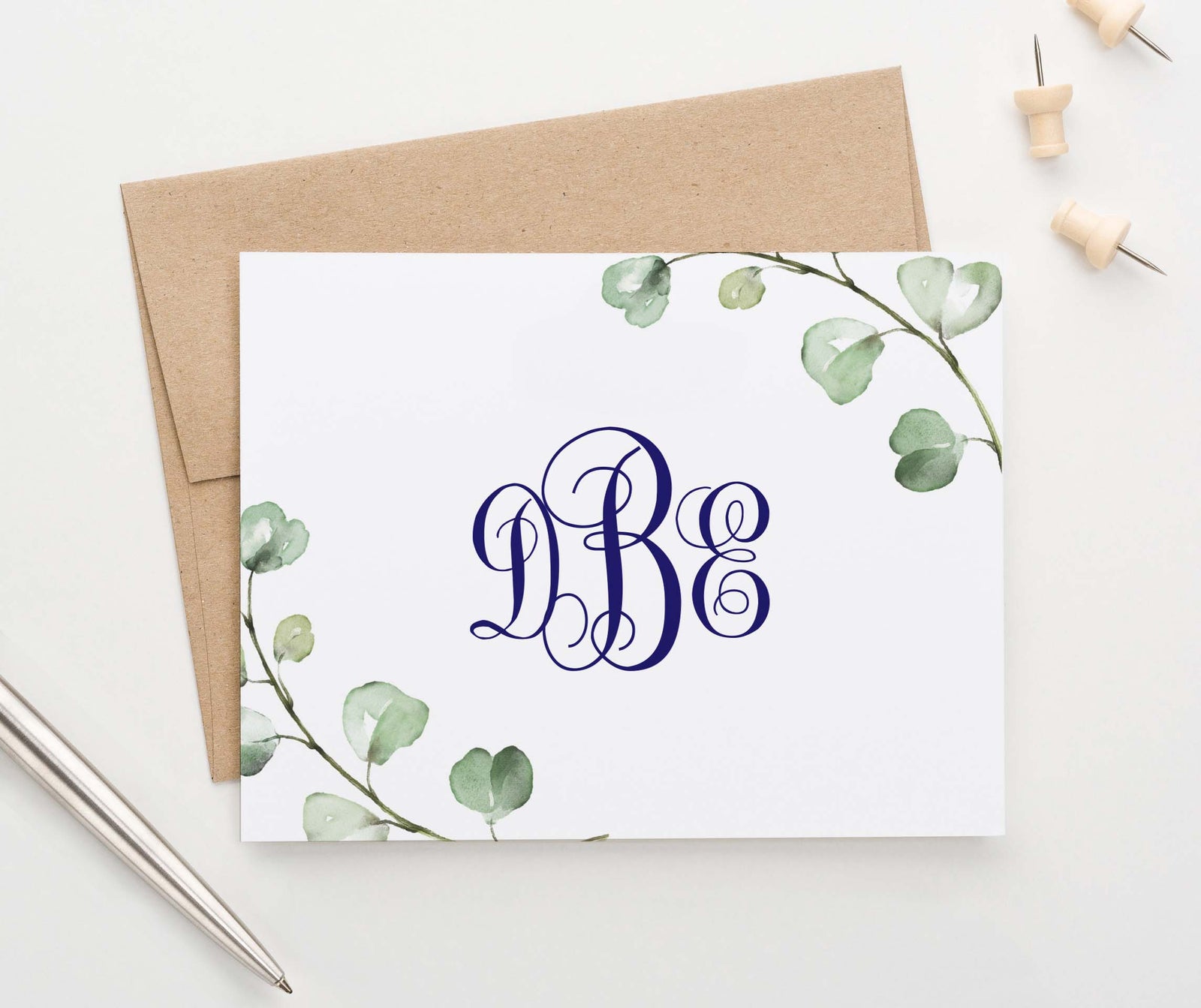 ms062 Personalized 3 Letter Monogram Folded Stationery with Eucalyptus Leaves greenery elegant