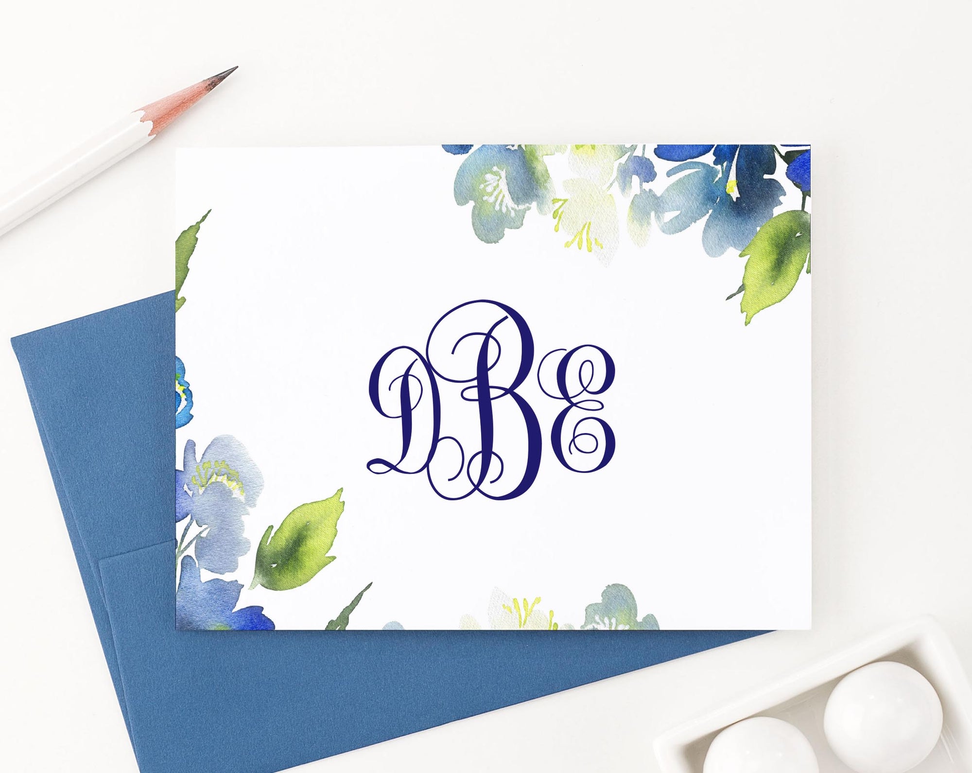    ms063 Elegant Blue Greenery Monogram Note Cards for Women classic floral green