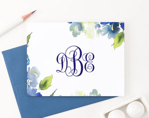    ms063 Elegant Blue Greenery Monogram Note Cards for Women classic floral green b