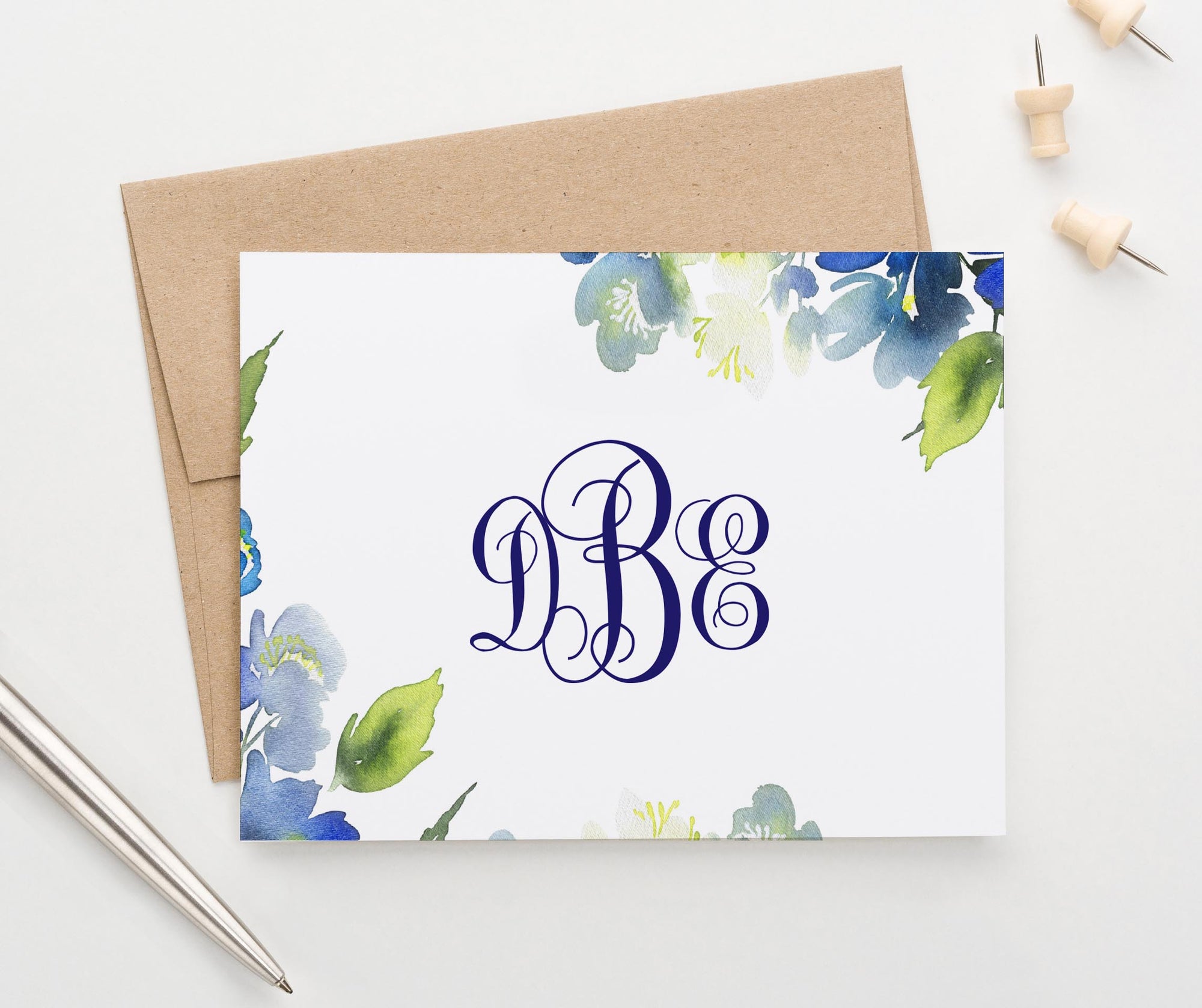   ms063 Elegant Blue Greenery Monogram Note Cards for Women classic floral green