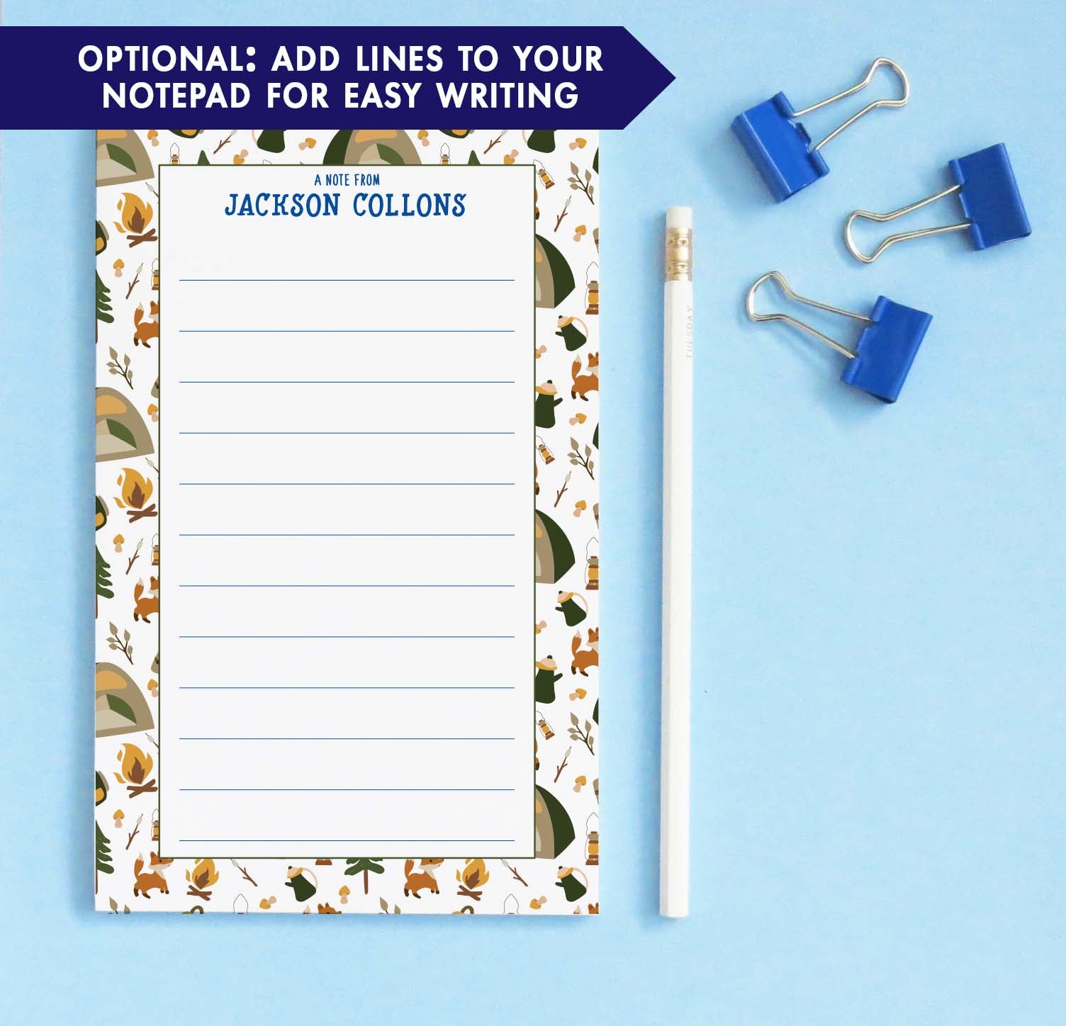np245 personalized camp notepad for boys tent tree fox