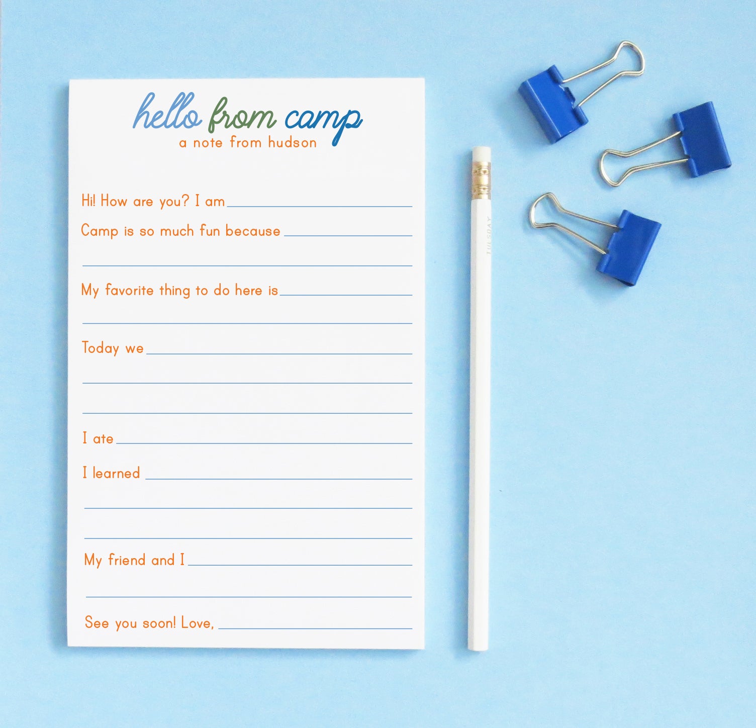 np273 Boys Personalized Fill in the Blank Camp Notepads hello from a note