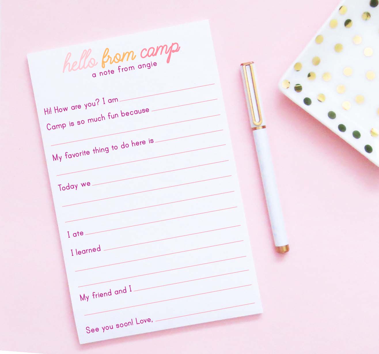 np274 Personalized Fill In the Blank Camp Notepads for Girls a note hello from