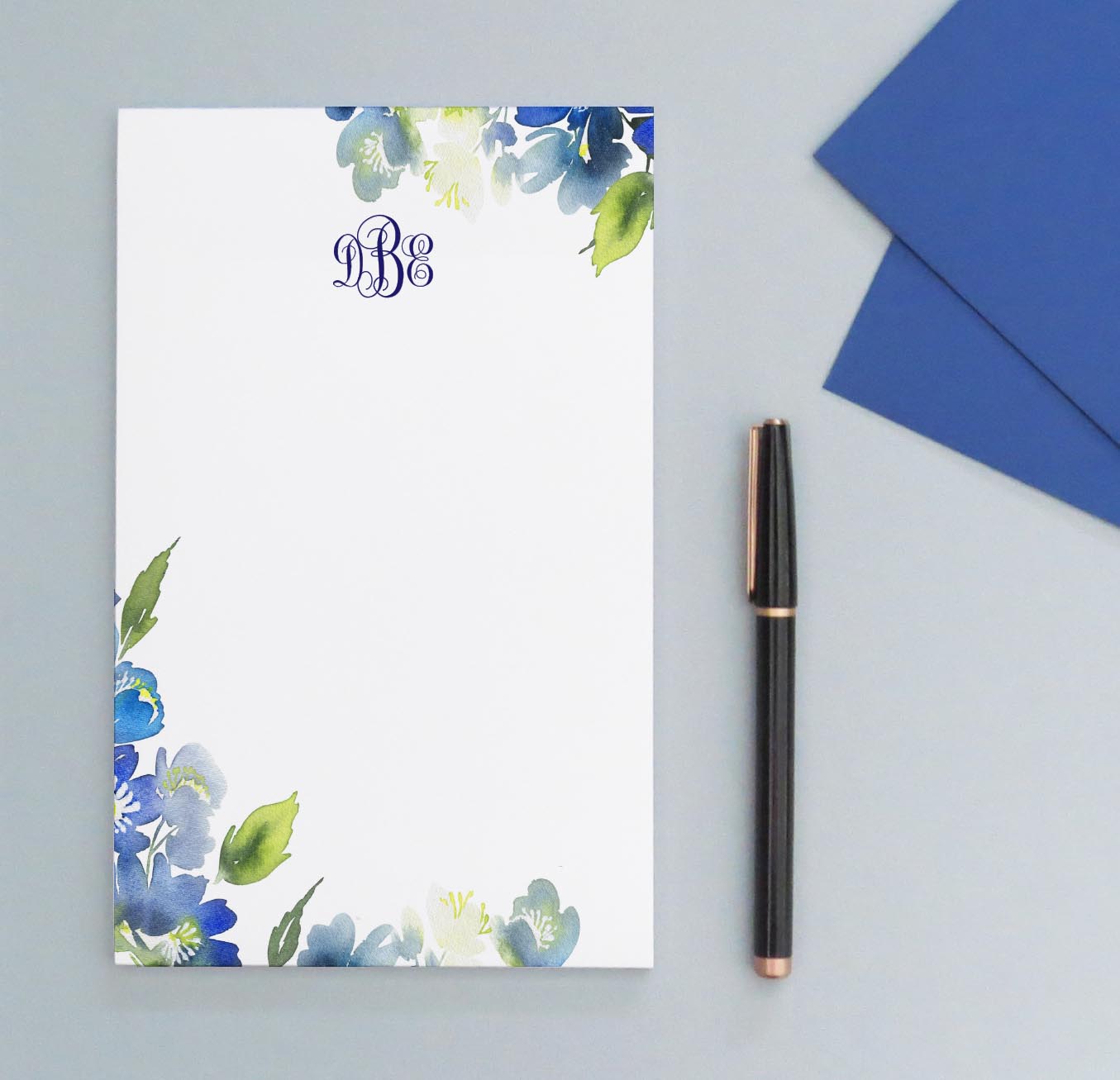 np277 Blue Greenery Monogram Notepad for Women floral elegant
