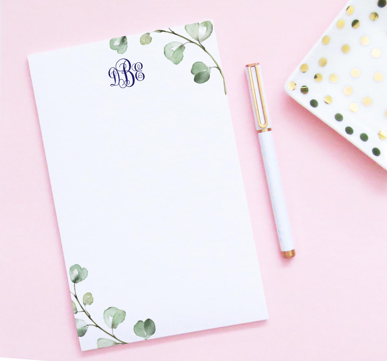 np278 Personalized Monogram Notepad with Eucalyptus Leaves greenery 3 letter