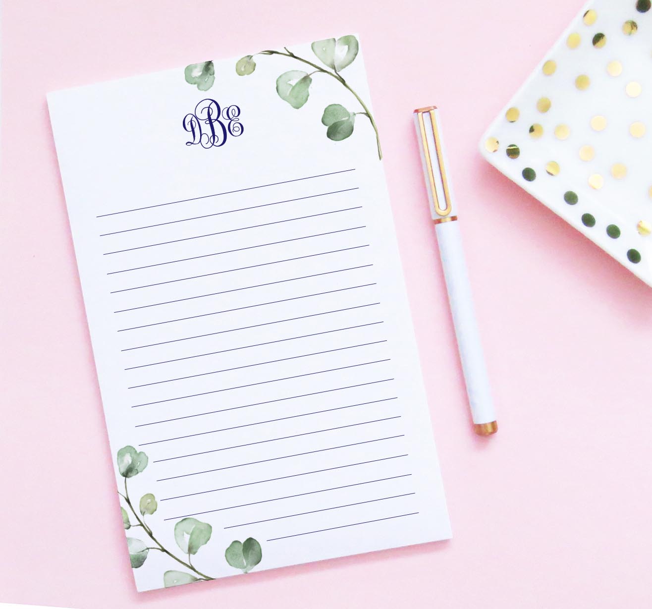 np278 Personalized Monogram Notepad with Eucalyptus Leaves greenery 3 letter