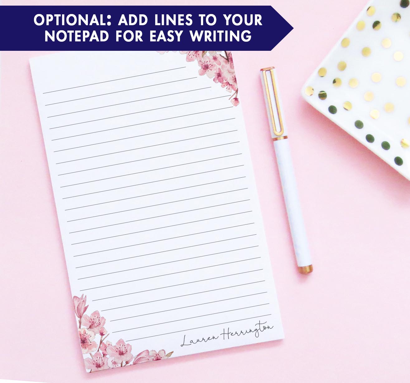 np294 Cherry Blossom Corners Personalized Notepad florals elegant script