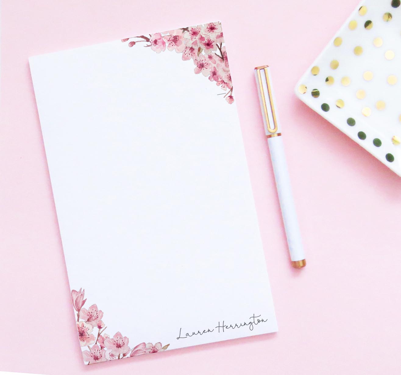 np294 Cherry Blossom Corners Personalized Notepad florals elegant script