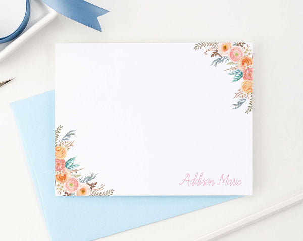Womens Personalized Stationery Set with Floral Corners - Modern Pink Paper