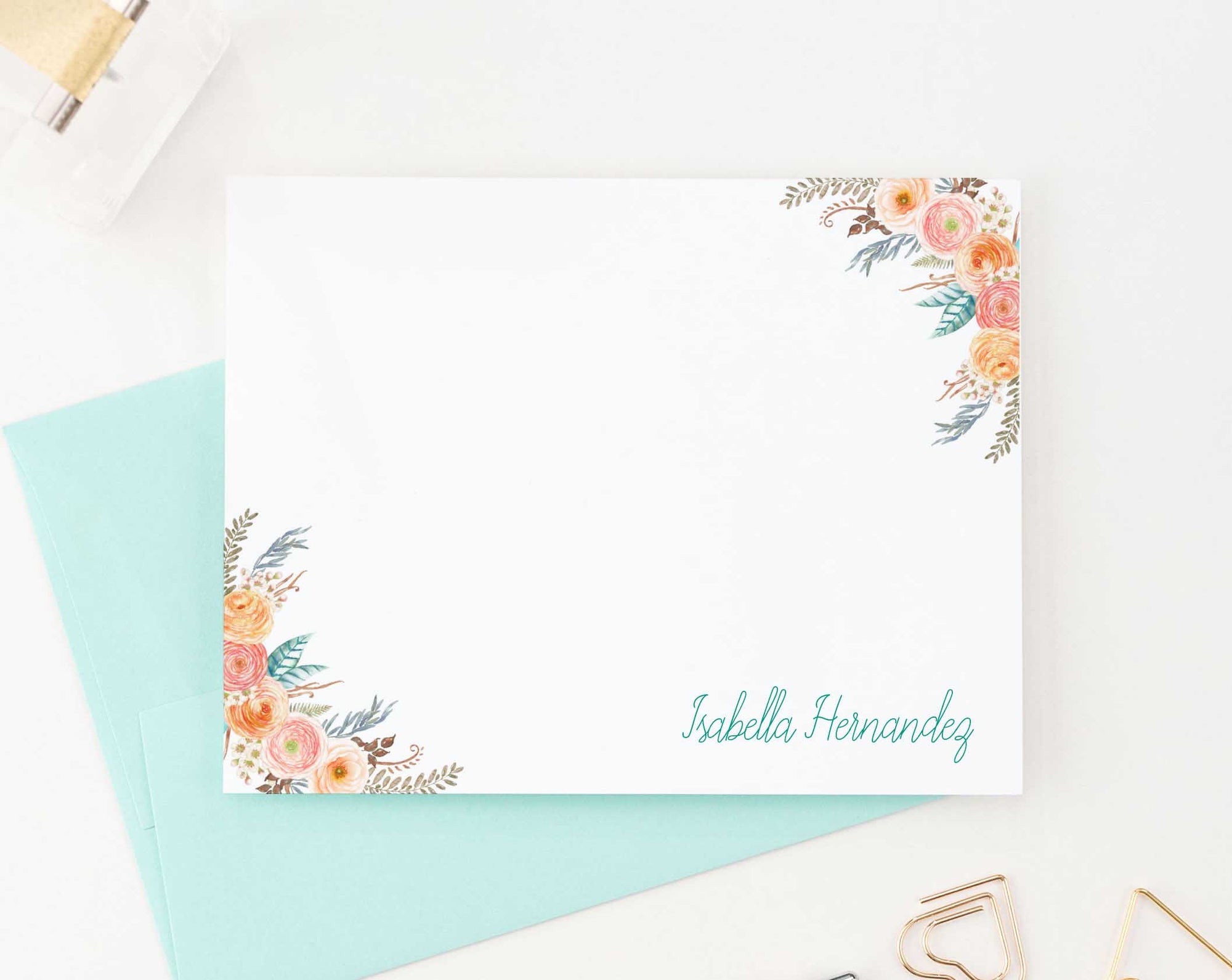 ps044 womens personalized stationery set with floral corners boho bohemian florals flowers
