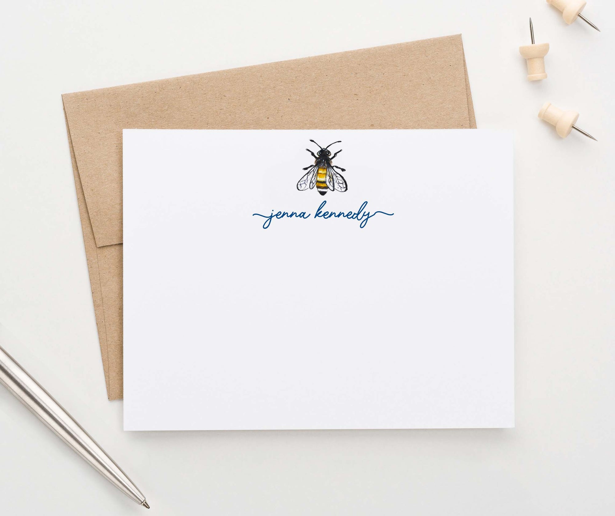 ps161 elegant bumble bee note cards personalized with script font cute simple bees 1