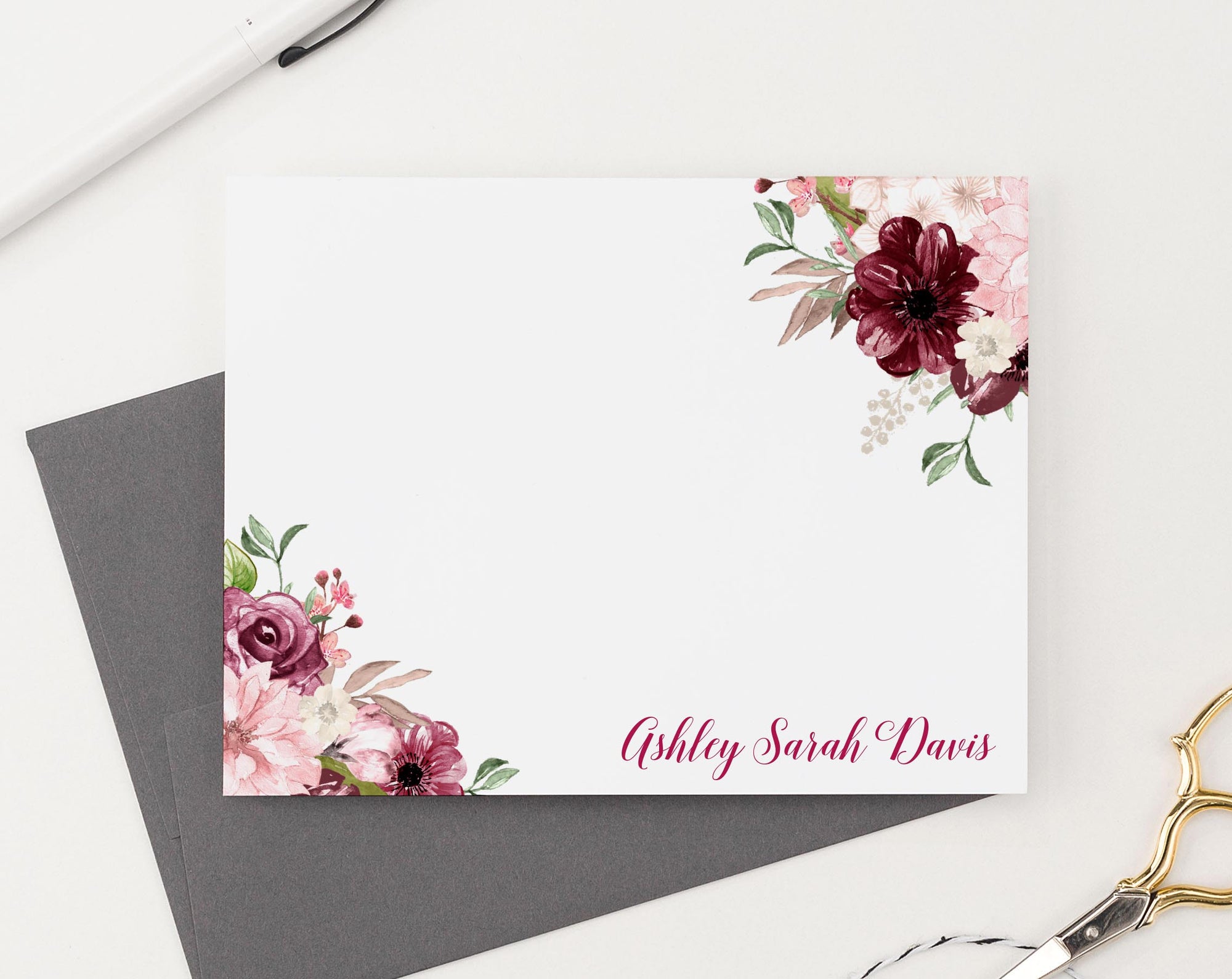 ps166  floral fall stationery personalized for women flat folded burgundy pink
