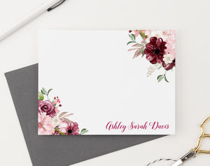 ps166  floral fall stationery personalized for women flat folded burgundy pink b