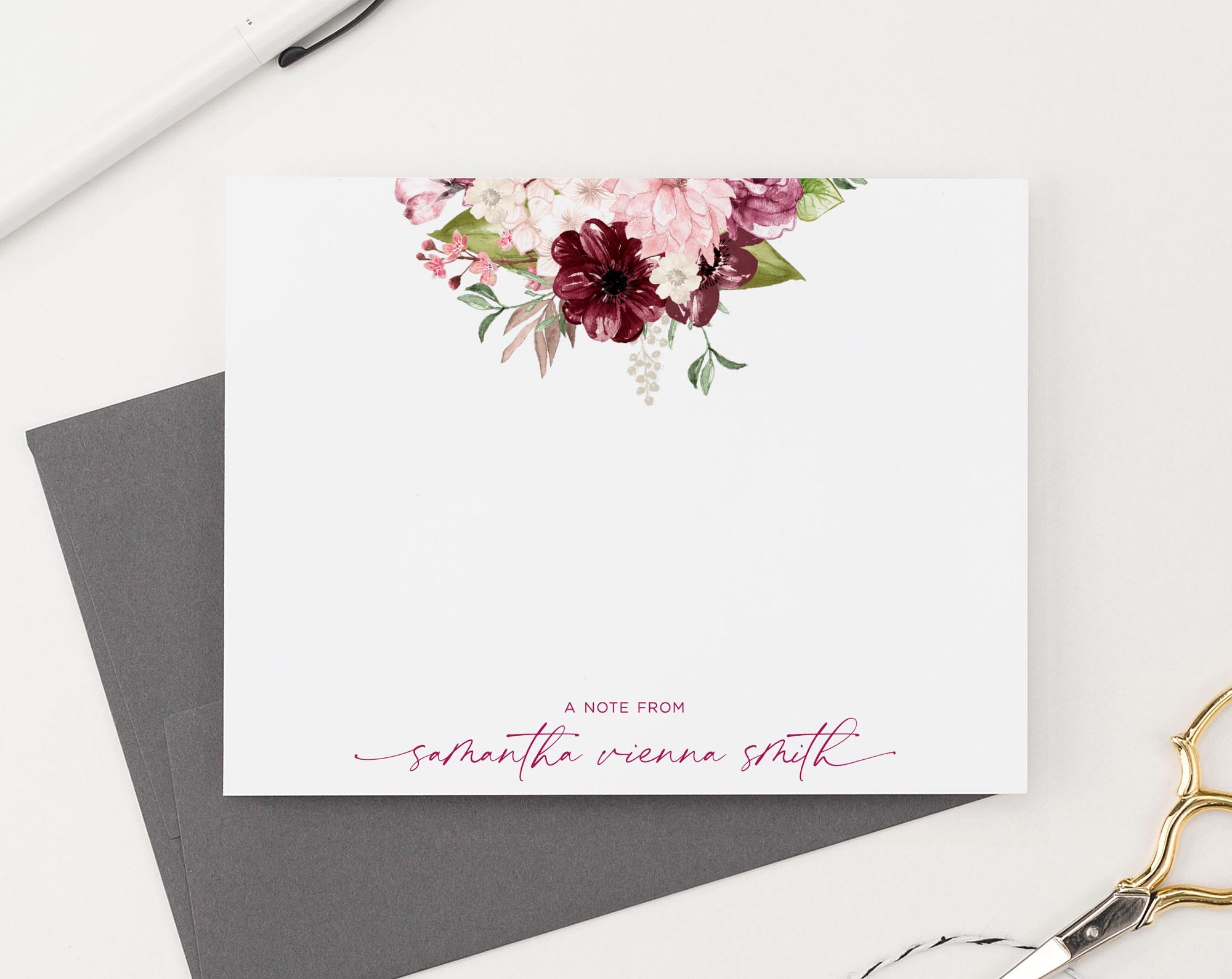 ps167 personalized a note from fall folded stationery set with florals burgundy flowers autumn