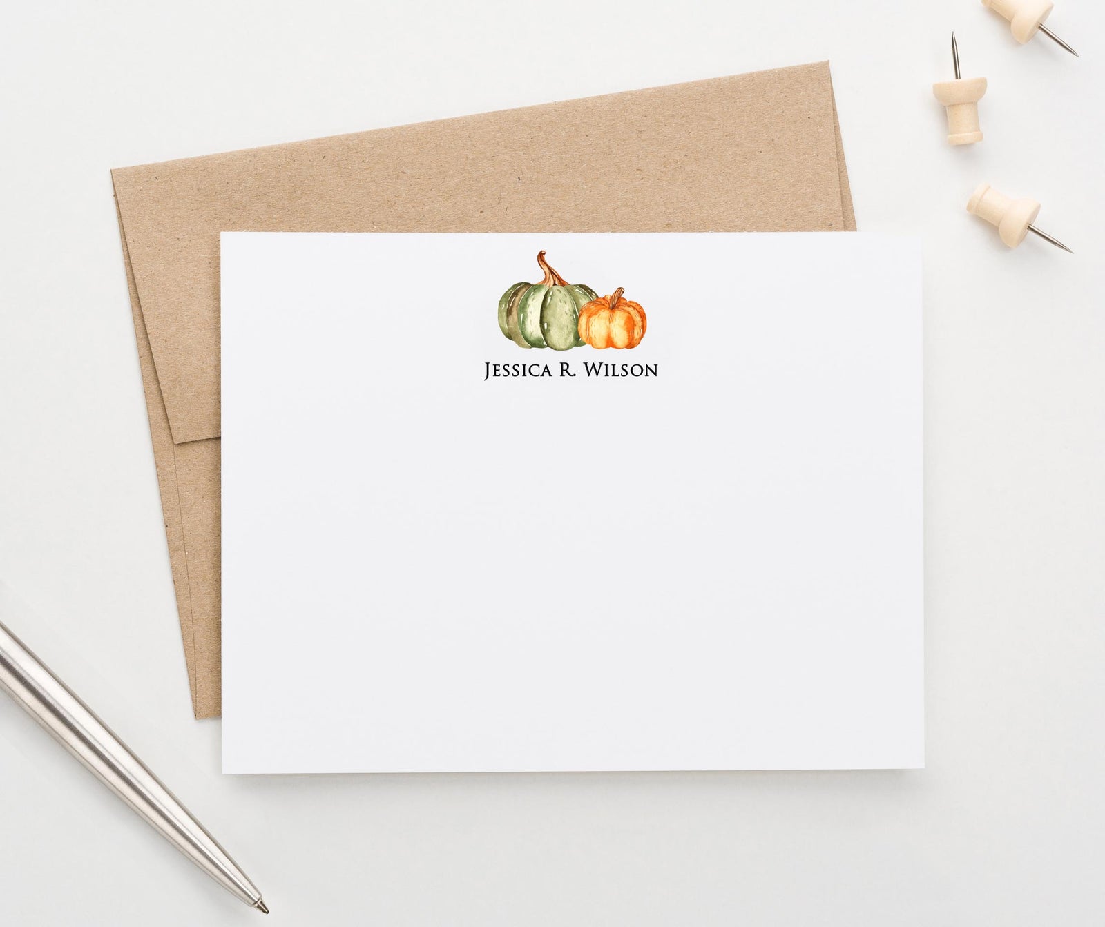 ps169 Simple Green and Orange Pumpkin Personalized Stationery harvest autumn pumpkins women