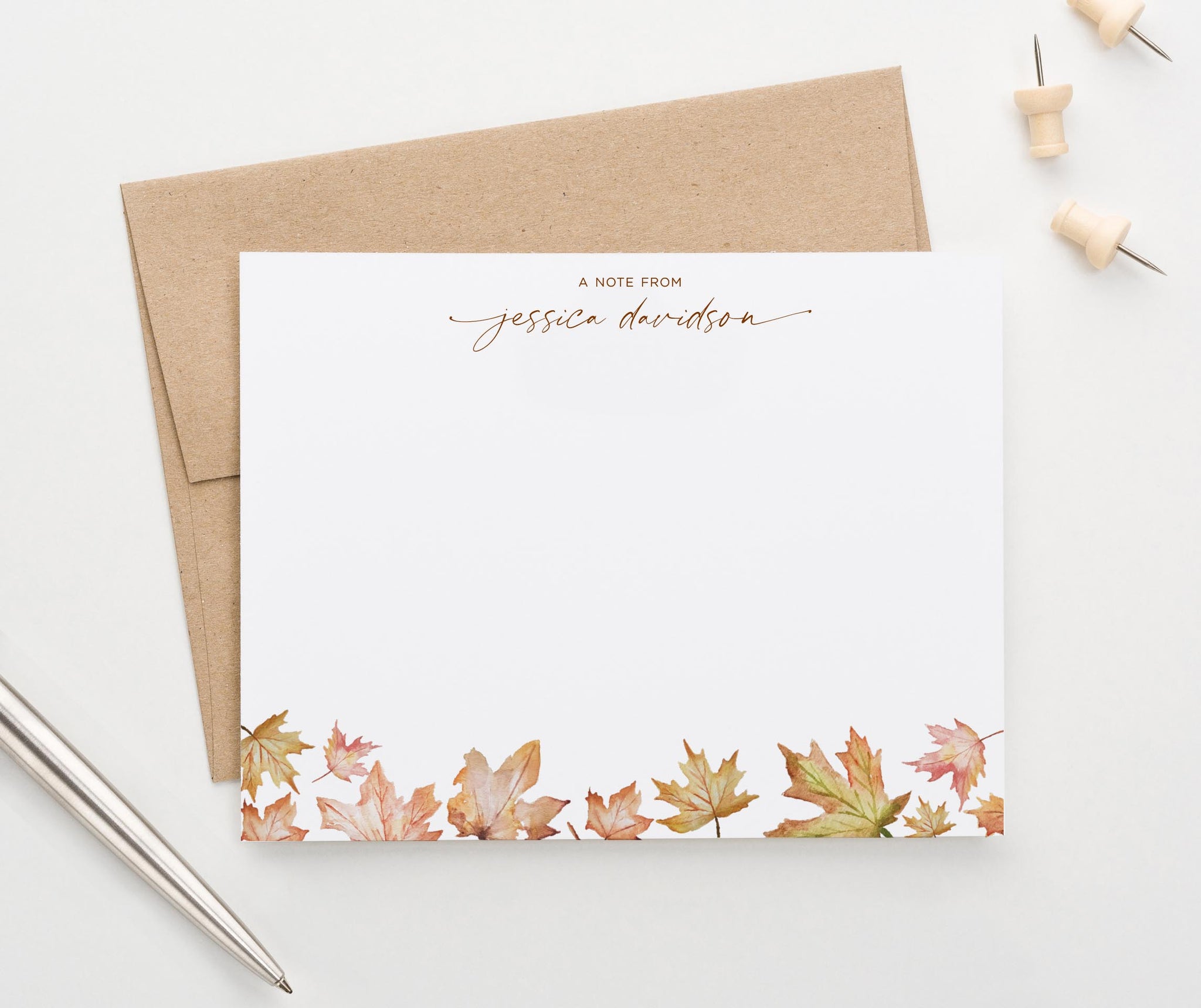 Fall Leaves Note Personalized A Note From Fall Leaves Note Cards - Modern Pink Paper