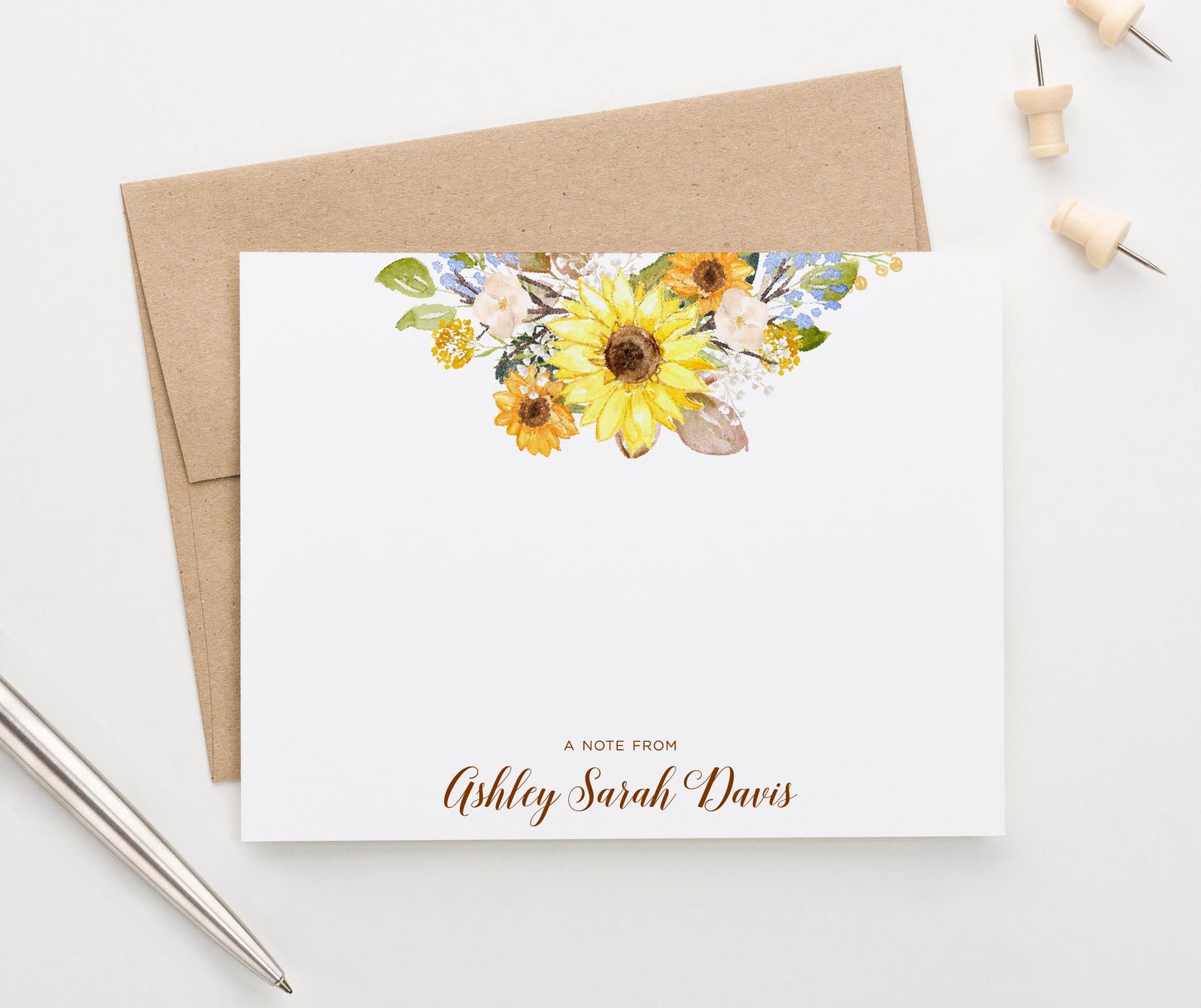    ps175 a note from stationery with sunflower florals personalized folded flowers floral women script autumn